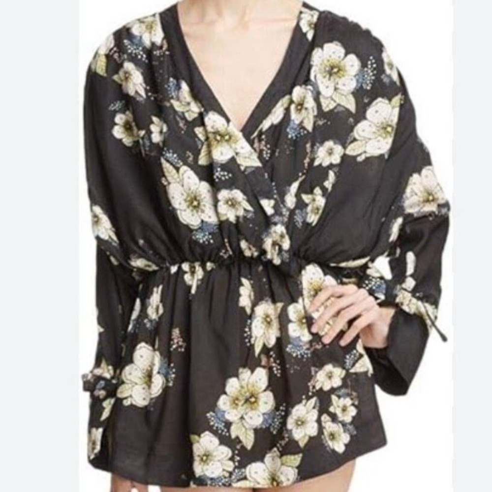 Free People Top black floral Tuscan Dreams Tunic Size L